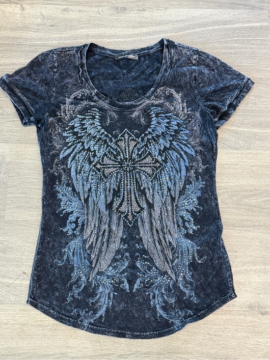 Voice Of California Tops - Voice of California Y2K Rhinestone Cross Angel Wings Graphic Tee Gray S